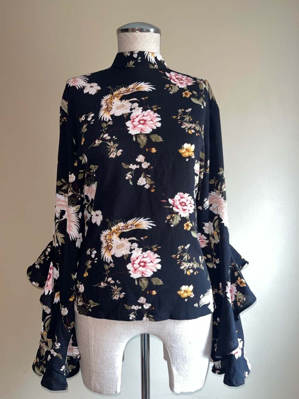 Boohoo Black Floral Bell-Sleeve Mock Neck Blouse